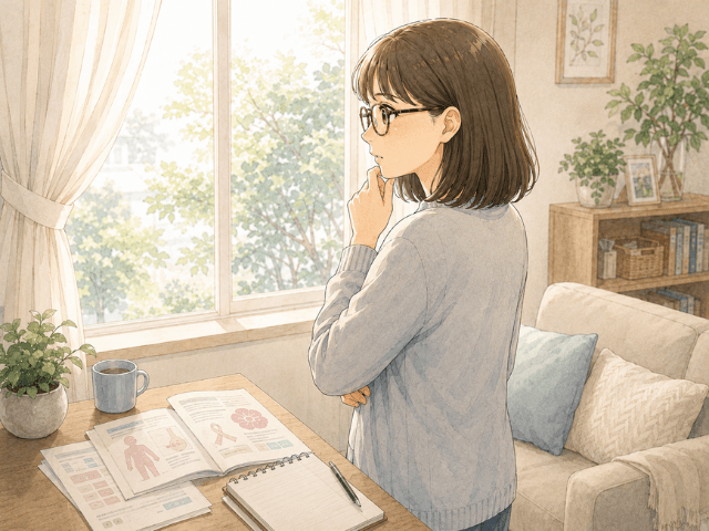 窓の外を見ながら、乳がんにも種類があることを知って静かに考えている女性のイラスト