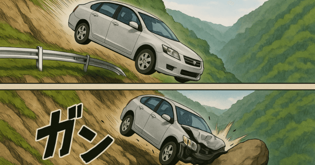 崖へと落ちていく車のイラスト
