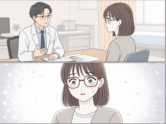 診察室でトリプルネガティブ乳がんの告知を受けて言葉を失う女性