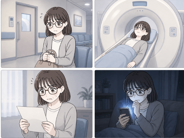 乳がん検査が続き、不安と検索を繰り返す女性の4コマ漫画