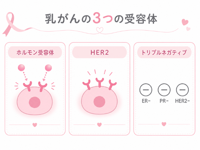 乳がんの受容体とトリプルネガティブ乳がんの特徴を説明する図解