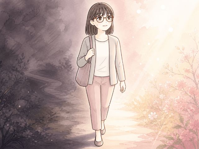 不安を抱えながらも明るい未来へ歩き出す女性のイラスト