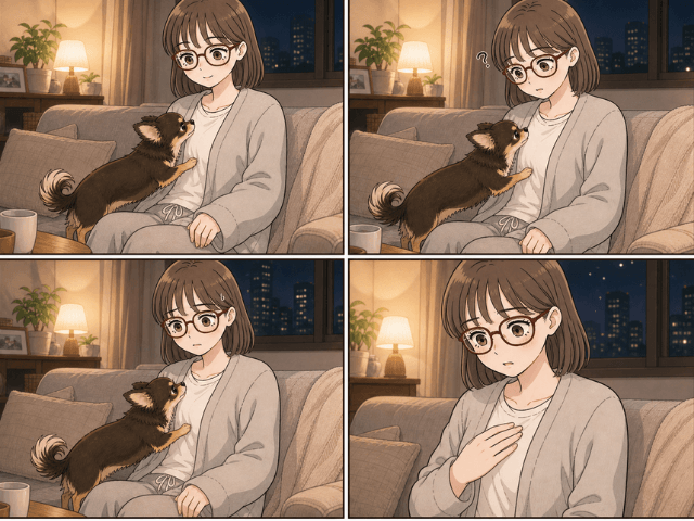 愛犬の行動が続き、右胸のしこりに気づくまでを描いた4コマ漫画