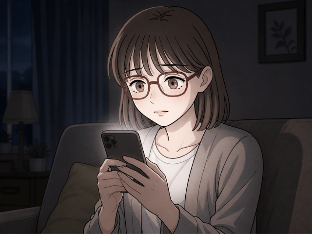 夜にスマホで乳がんの初期症状を検索し、不安そうに画面を見つめる女性