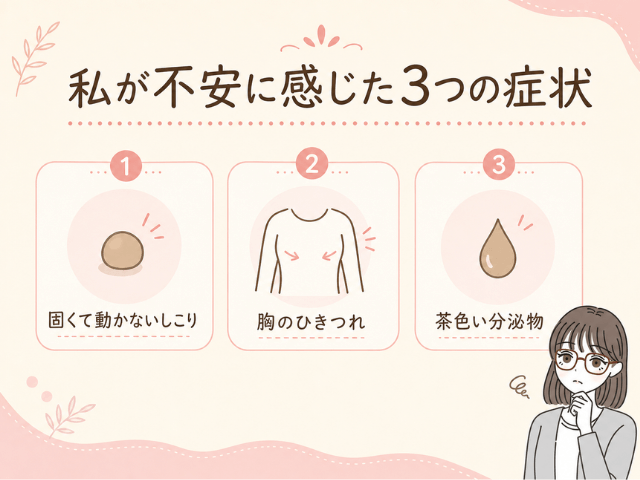 乳がんかもしれないと不安に感じた3つの症状をまとめた図解
