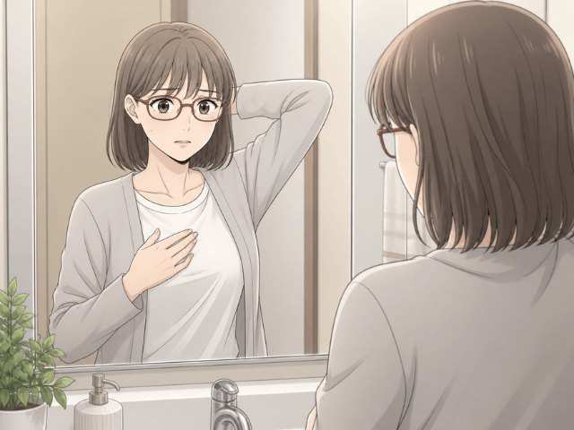 乳がんかもしれないと感じ、鏡の前で言葉を失う女性