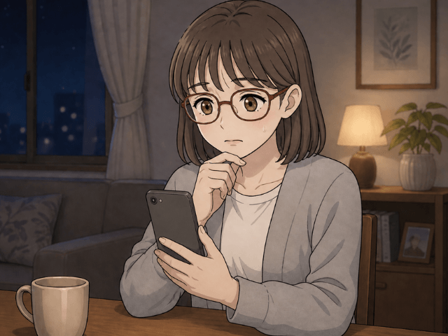 病院を予約する前にスマホを見つめて迷っている女性