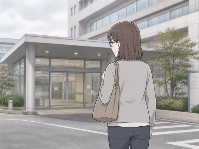不安を抱えながら病院の入口へ向かう女性の後ろ姿