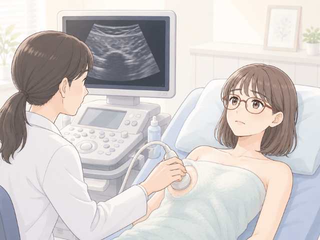乳がん検査のエコー中に、モニターを見て不安を感じている女性のイラスト
