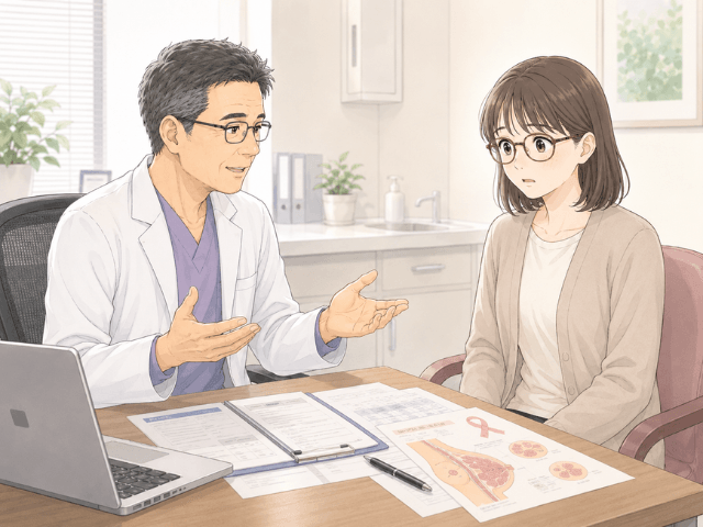 乳がんの告知を受け、診察室で頭が真っ白になっている女性のイラスト