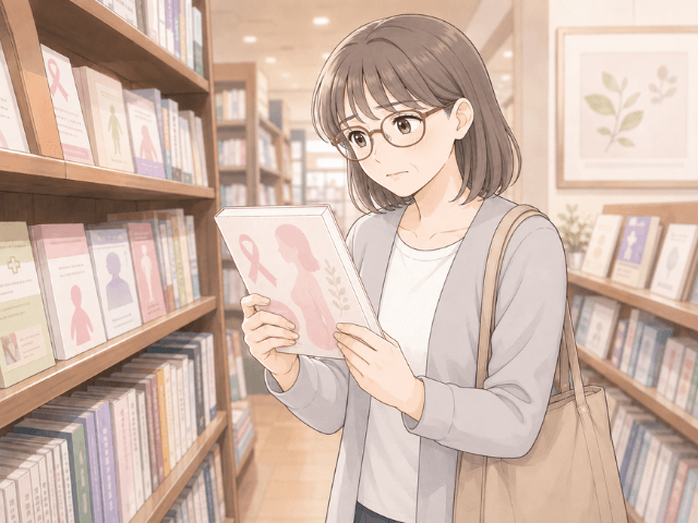 乳がんの告知後、書店の医療コーナーで治療の本を探す女性のイラスト