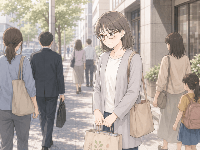 乳がん告知後、日常の街の中で自分だけが取り残されたように感じる女性のイラスト