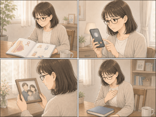 乳がんの告知後、家族に伝えられずスマホを前に迷う女性の4コマ漫画
