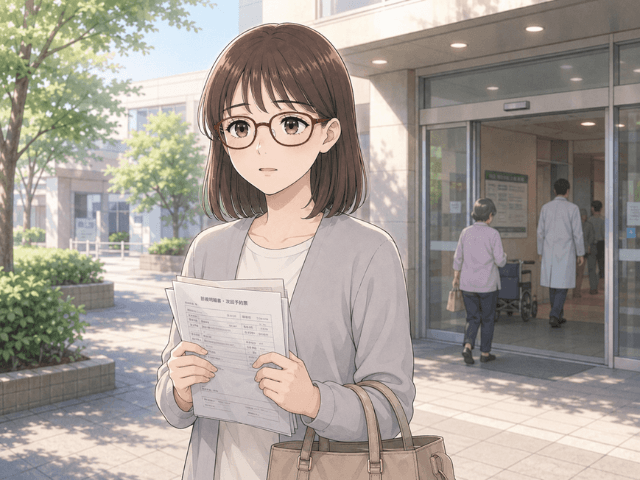乳がんの告知を受けたあと、病院を出た外で書類を持ったまま立ち尽くす女性のイラスト