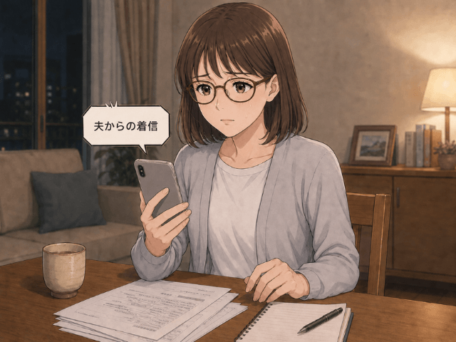 夜の自宅で、夫からの着信が表示されたスマートフォンを見つめ、緊張した表情を浮かべる女性のイラスト