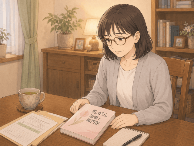 自宅の机で乳がんに関する本を前にしながらも、すぐには開けずに見つめている女性のイラスト