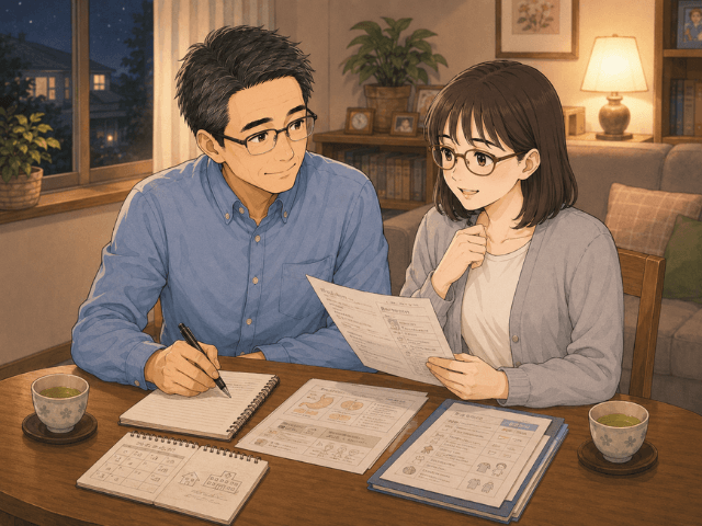 乳がんを夫に伝えたあと、自宅のテーブルでこれからの通院や生活について話し合う夫婦のイラスト