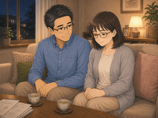 夜のリビングで、不安そうにうつむく女性の隣に夫が静かに寄り添って座っているイラスト