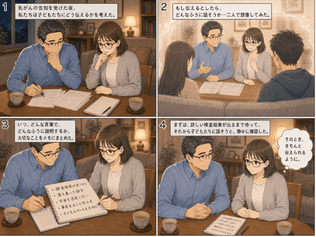 子どもたちに乳がんをどう伝えるか、夫婦が話し合いながら、子どもたちに話す場面を想像している4コマ漫画