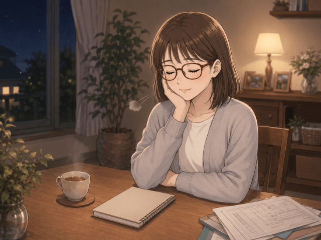 夜の自宅で、閉じたメモ帳とお茶を前に、静かに目を閉じてひと息つく女性のイラスト
