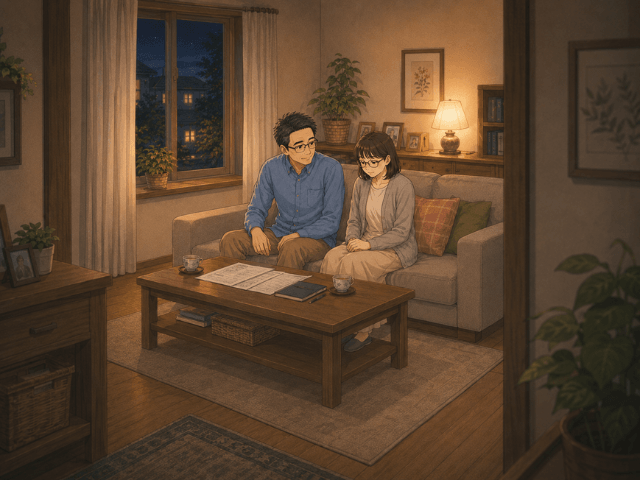 夜のリビングを少し離れた場所から見た、書類と湯のみが残る静かな部屋のイラスト
