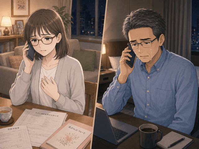 自宅で電話をする女性と、出張先で電話を受けながら涙をこらえる夫を描いたイラスト