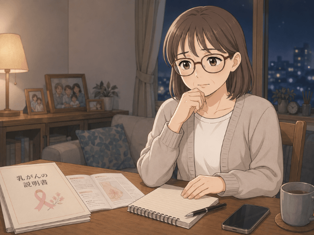 乳がんの告知後、家族への伝え方に悩みながらリビングで考え込む50代女性のイラスト