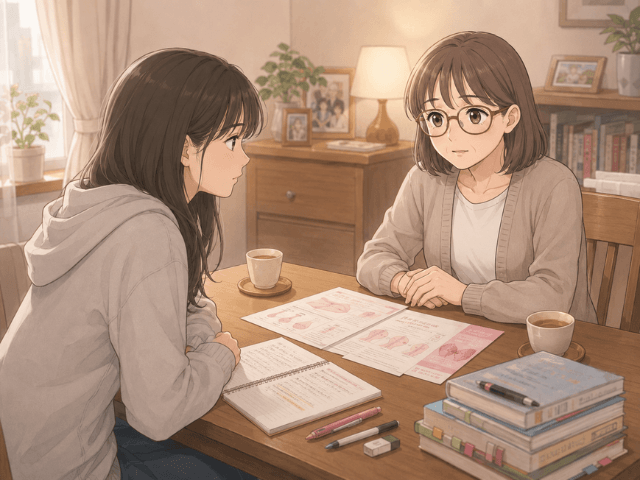 国家試験を控えた娘に、乳がんのことを静かに伝える母親のイラスト