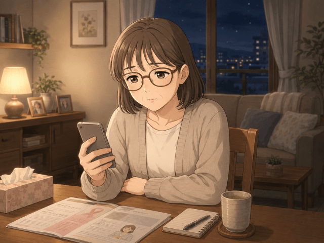 離れて暮らす息子に電話で乳がんを伝えたあと、スマートフォンを手に静かにうつむく母親のイラスト