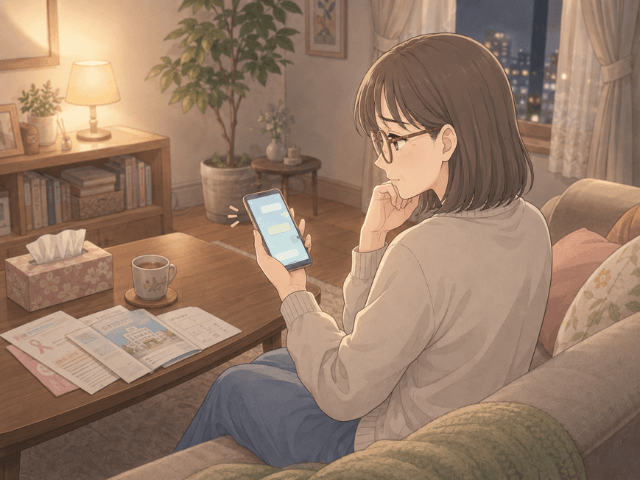 友人からの連絡を見つめながら、会いたい気持ちと会えない気持ちの間で揺れる女性のイラスト