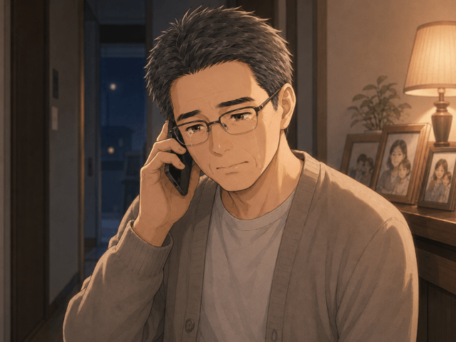 妻の乳がんを受け止めきれず、親友に電話で涙ながらに話す夫のイラスト