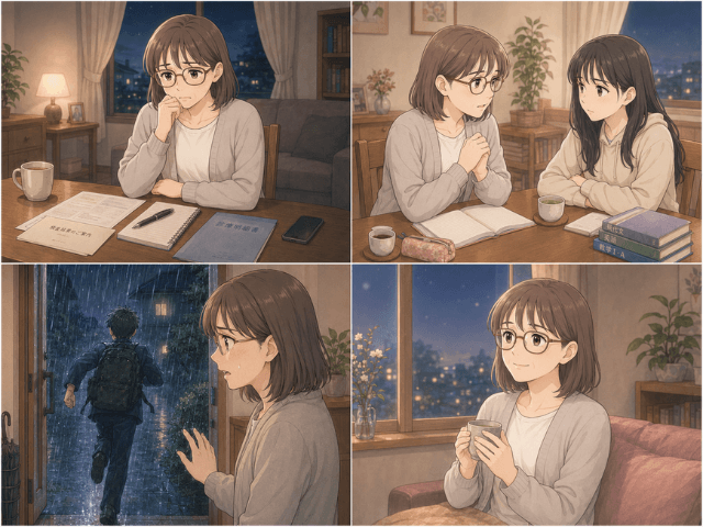 乳がんを家族に伝えるときの迷い、子どもたちの反応、母親の心の揺れを描いた4コマ漫画