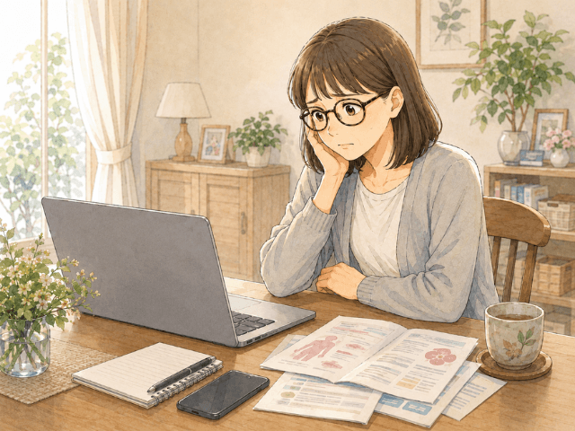 乳がん告知後、病院選びについて自宅で悩む50代女性のイラスト