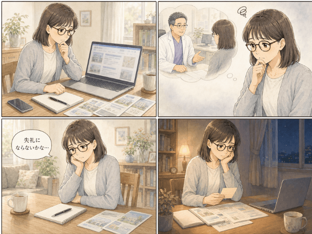 セカンドオピニオンを受けたい気持ちと、主治医に言い出せない不安を描いた4コマ漫画