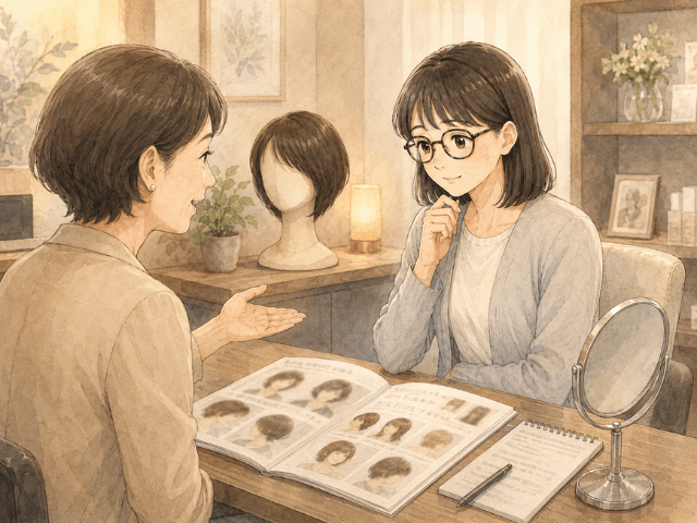 医療用ウィッグを探しに美容室で相談する50代女性のイラスト