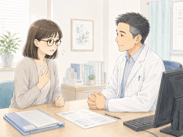 主治医にセカンドオピニオンを受けたい気持ちを相談する女性のイラスト