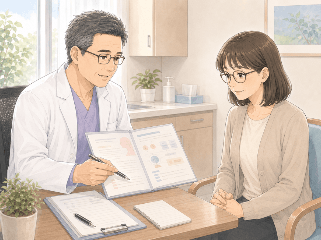 セカンドオピニオン先の診察室で治療方針の説明を受け、納得している女性のイラスト