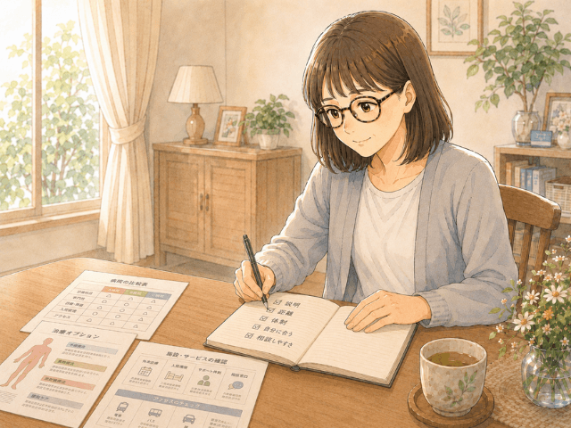 病院選びで大切にしたことをノートに整理する50代女性のイラスト