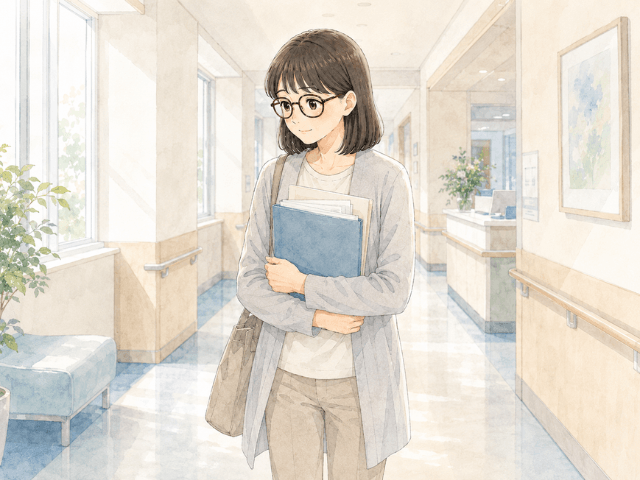 セカンドオピニオン後、資料を抱えて病院の廊下を歩き出す女性のイラスト