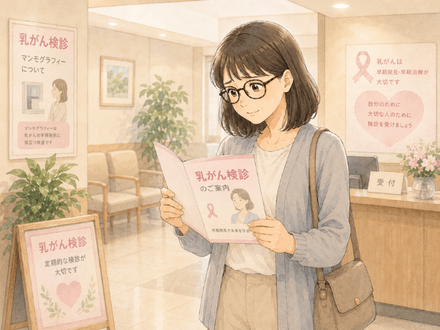 毎年乳がん検診を受けるために健診センターを訪れている50代女性のイラスト