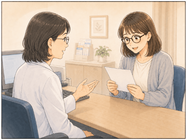 診察室でマンモグラフィーの結果が異常なしと説明されて安心している女性のイラスト