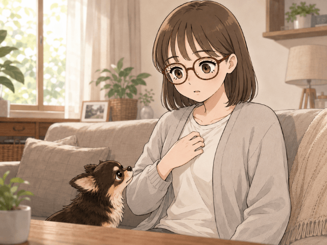 自宅で愛犬の様子をきっかけに胸元へ手を当て、違和感に気づいて不安そうにしている50代女性のイラスト