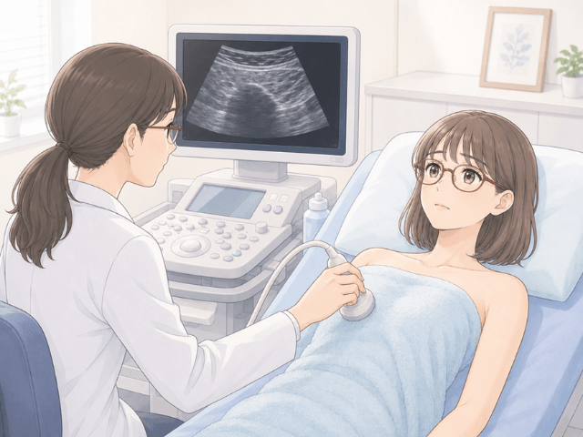乳腺外科クリニックでエコー検査を受ける50代女性のイラスト