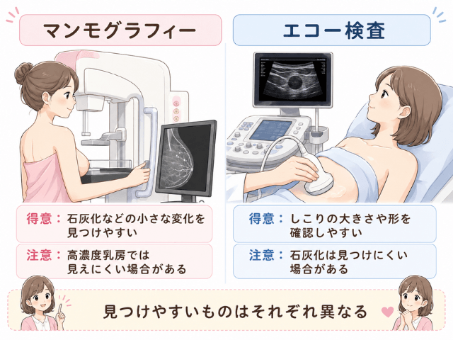 マンモグラフィーとエコー検査を左右で比較し、それぞれの得意なことと注意点をわかりやすく示した図解