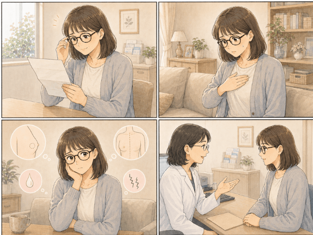 検診で異常なしと言われて安心した女性が、その後に違和感へ気づき、迷いながらも医療機関へ相談する流れを描いた4コマ漫画