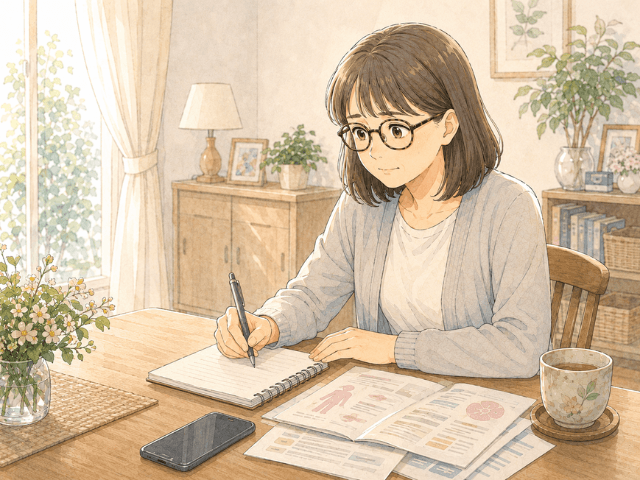 自宅で検診資料をそばに置き、乳がんの経験から学んだことをノートに書き残している女性のイラスト