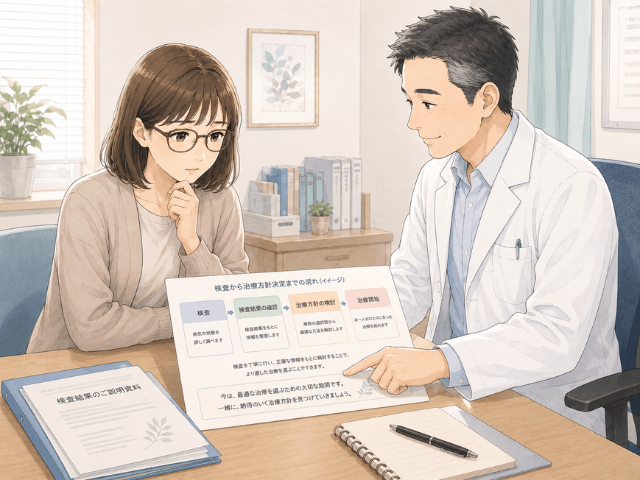 乳がん治療前に検査結果や治療方針の説明を受ける女性