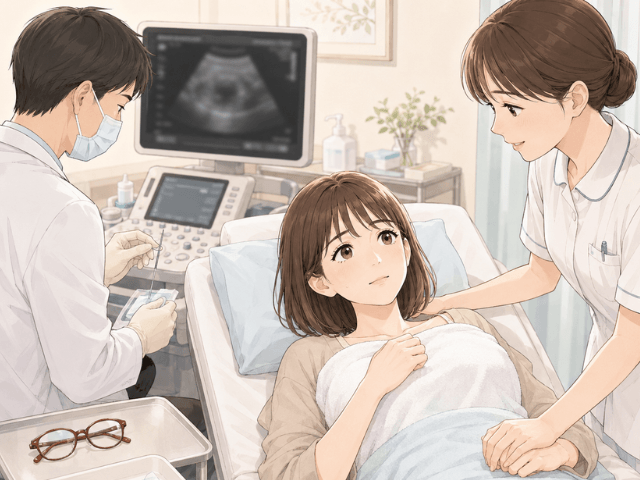超音波で確認しながら針生検を受ける前に緊張している女性