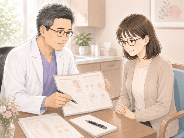 主治医からトリプルネガティブ乳がんと説明を受け、不安の中で少し表情がやわらぐ女性