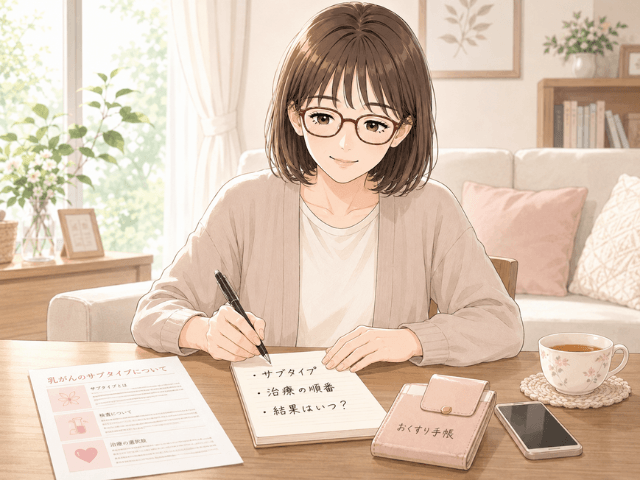 乳がんのサブタイプや治療方針について、診察で聞きたいことをメモする女性